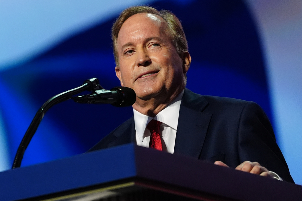 Republican U.S. Senate candidate Texas Attorney General Ken Paxton speaks at the Republican convention Wednesday, Sept. 9, 2026, in Dallas. (AP Photo/Julia Demaree Nikhinson)