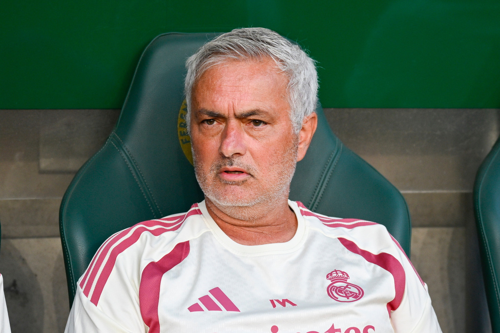 Real Madrid's head coach Jose Mourinho reacts prior to the friendly soccer match between Ferencvaros TC and Real Madrid in the Groupama Arena in Budapest, Hungary, Saturday, Aug. 8, 2026. (Boglarka Bodnar/MTI via AP)