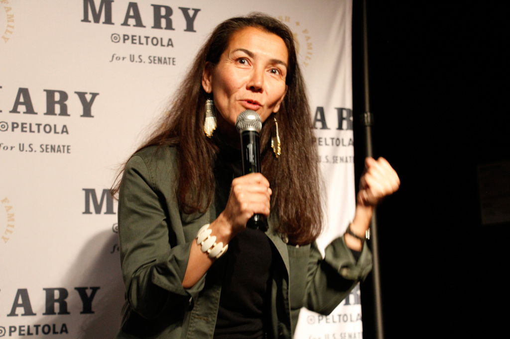 Mary Peltola, a Democrat running for the U.S. Senate seat in Alaska, addresses supporters at an election watch party Tuesday, Aug. 18, 2026, in Anchorage, Alaska. (AP Photo/Mark Thiessen)