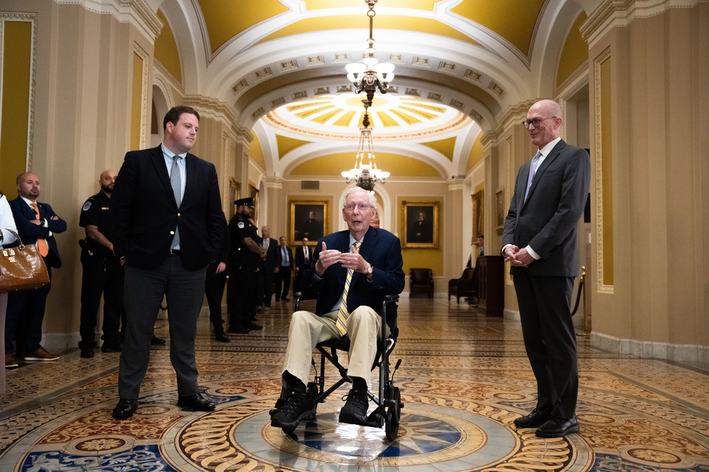 Sen. Mitch McConnell, R-Ky., speaks to reporters at the U.S. Capitol, Monday, Sept. 14, 2026, in Washington. (AP Photo/Allison Robbert)
