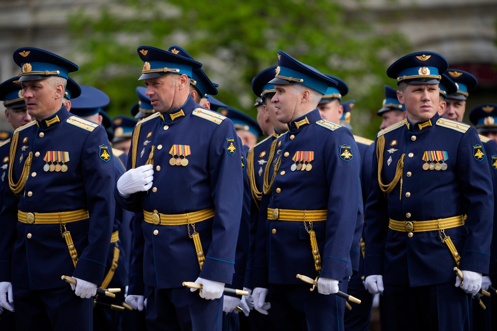 Russian servicemen stand in a formation before the Victory Day military parade in Moscow, Saturday, May 9, 2026, during celebrations of the 81st anniversary of the Soviet Union's victory over Nazi Germany during the World War II. (AP Photo/Pavel Bednyakov, Pool)