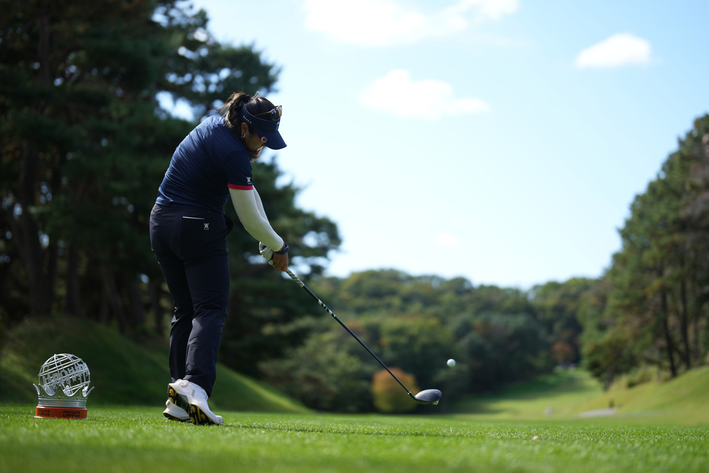 Lilia Vu of the United States tees off on the eighth hole during the pool A match against Thailand team for the LPGA International Crown golf tournament at the New Korea Country Club in Goyang, South Korea, Friday, Oct. 24, 2025. (AP Photo/Lee Jin-man)