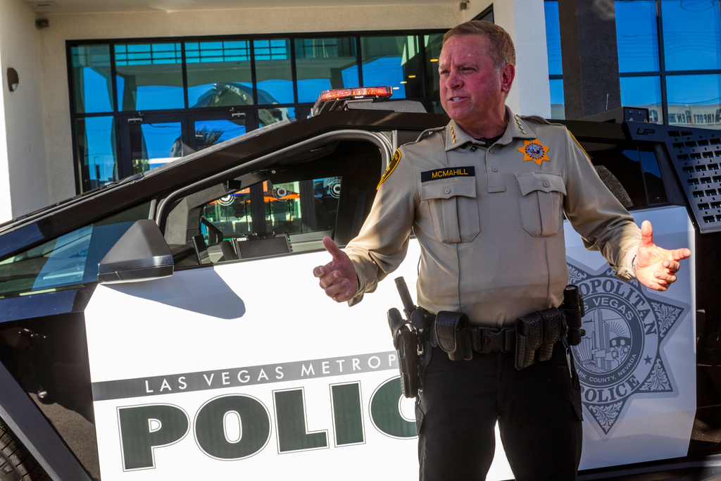 Sheriff Keven McMahill talks about Tesla Cybertrucks owned by the Las Vegas Metro Police department in Las Vegas, Tuesday Oct. 28th 2025. (AP Photo/Ty ONeil)