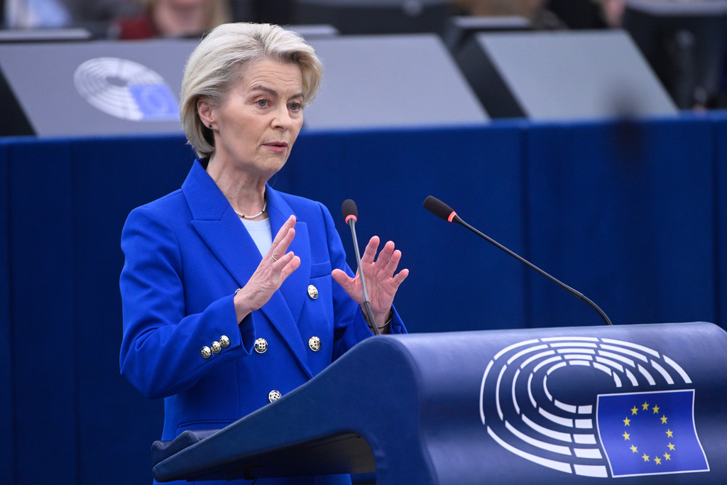 European Commission president Ursula von der Leyen delivers her statement on EU response to recent Russian violations of the EU Member States' airspace and critical infrastructure, Wednesday, Oct. 8, 2025 at the European Parliament in Strasbourg, eastern France. (AP Photo/Pascal Bastien)