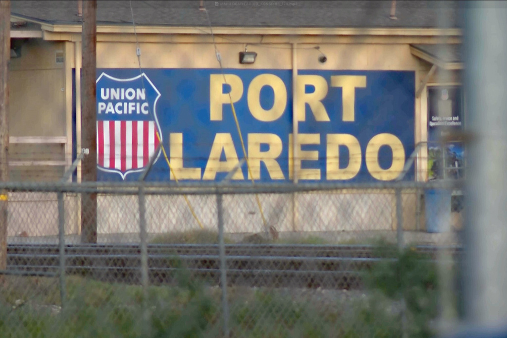 FILE - In this image taken from video footage provided by KGNS, Union Pacific signage is displayed at a rail yard in Laredo, Texas, May 10, 2026. (KGNS via AP, File)