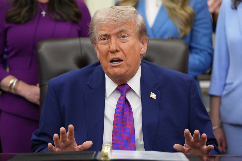 President Donald Trump speaks to reporters at an event about maternal healthcare, Monday, May 11, 2026, in the Oval Office of the White House, in Washington. (AP Photo/Jacquelyn Martin)