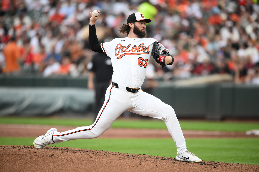 Baltimore Orioles pitcher Brandon Young throws during the second inning of a baseball game against the Washington Nationals, Saturday, June 27, 2026, in Baltimore. (AP Photo/Nick Wass)