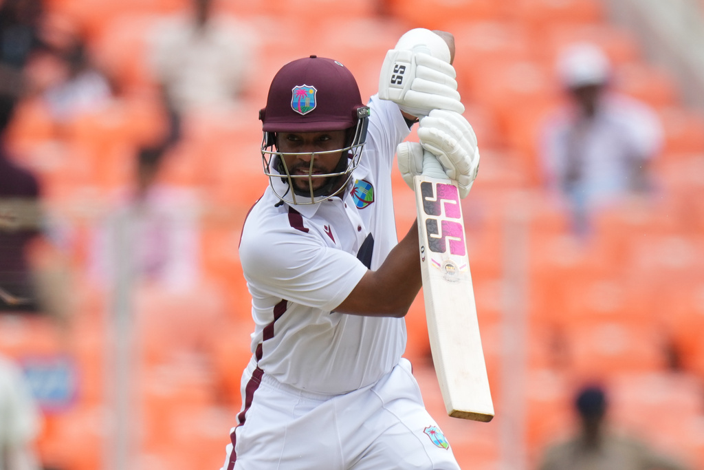 West Indies' Shai Hope plays a shot on the first day of the first Test cricket match between India and West Indies at Narendra Modi Stadium in Ahmedabad, India, Thursday, Oct. 2, 2025. (AP Photo/Ajit Solanki)