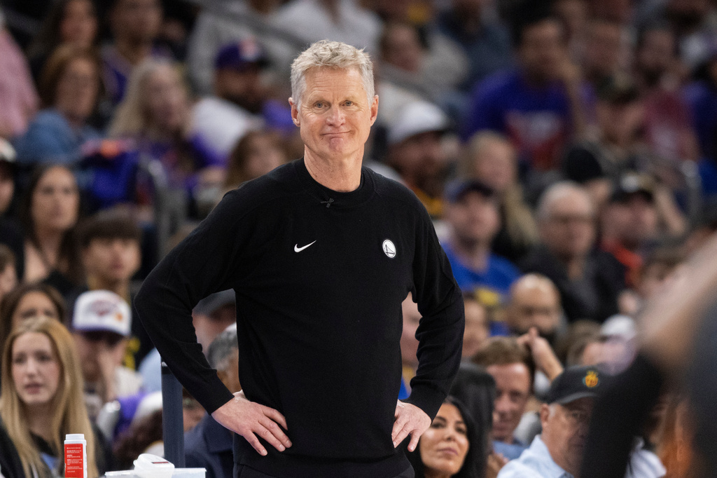 Golden State Warriors head coach Steve Kerr is seen during the second half of his NBA play-in tournament game against the Phoenix Suns at Mortgage Matchup Center in Phoenix, Ariz., Friday, April 17, 2026. (Stephen Lam/San Francisco Chronicle via AP)