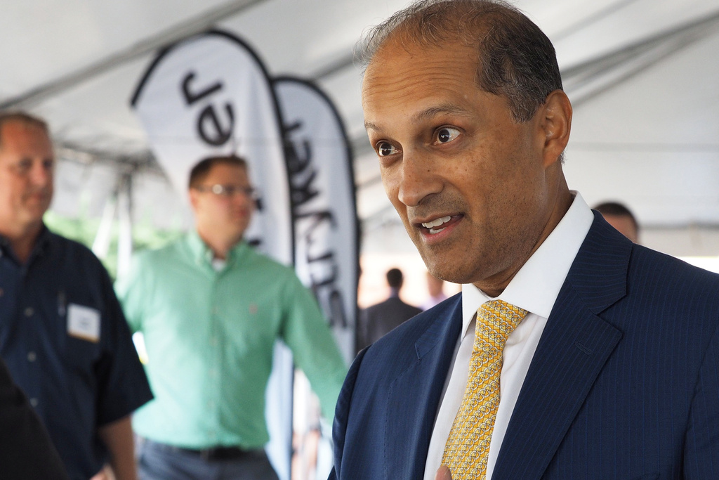 FILE - Stryker CEO Kevin Lobo is seen at a groundbreaking ceremony for their building in Portage, Mich., July 24, 2017. (Mark Bugnaski/Kalamazoo Gazette-MLive Media Group via AP, File)