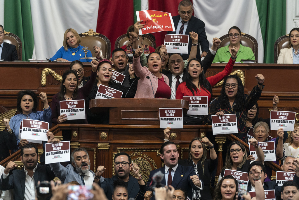 FILE - Legislators rally in favor of judicial reform at Congress in Mexico City, Sept. 12, 2024. (AP Photo/Felix Marquez, File)