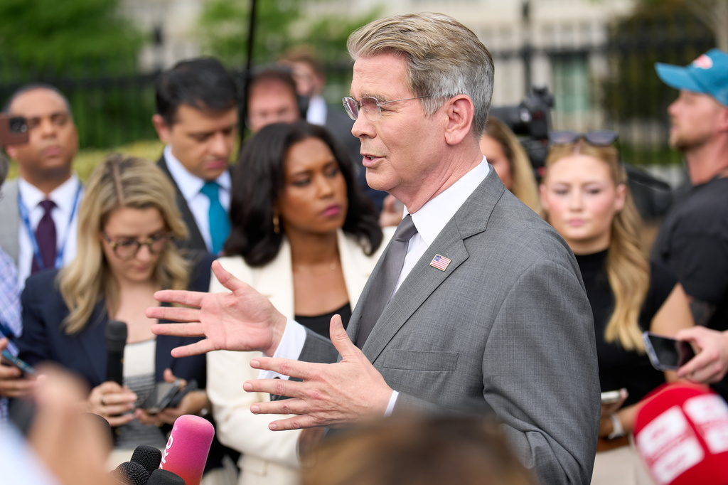 Treasury Secretary Scott Bessent speaks to members of the media outside the White House in Washington, Thursday, Aug. 20, 2026. (AP Photo/Jacquelyn Martin)