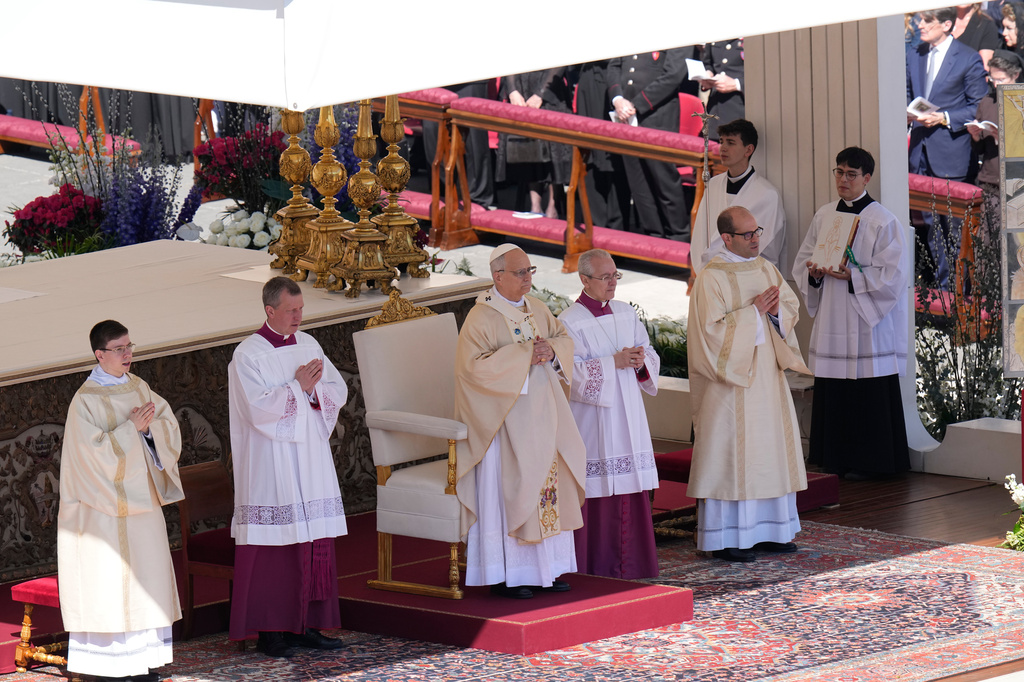 Pope Leo XIV presides over Easter Mass in St. Peter's Square at the Vatican, Sunday, April 5, 2026 (AP Photo/Alessandra Tarantino)