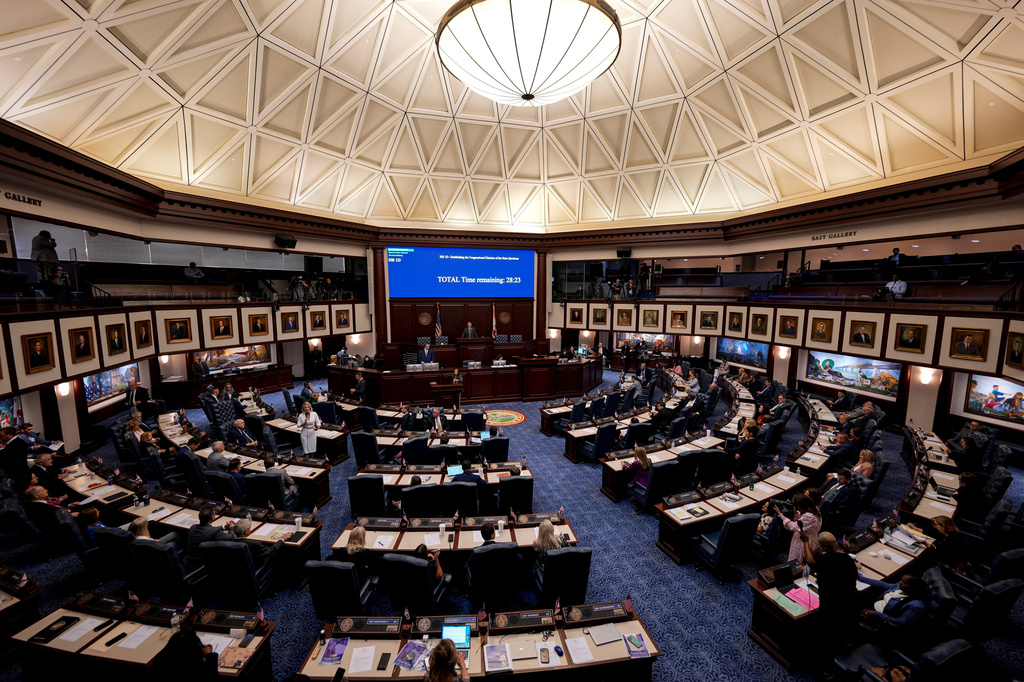 The Florida House speaks on HB1D, a redistricting bill, during a special session of the Florida Legislature, Wednesday, April 29, 2026, in Tallahassee, Fla. (AP Photo/Mike Stewart)