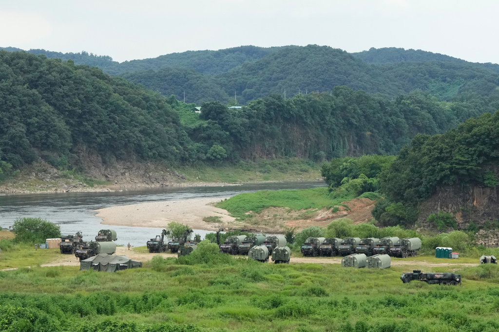 U.S. Army's armored vehicles gather to cross a river at a training field in Yeoncheon, South Korea, near the border with North Korea, Monday, Aug. 17, 2026. (AP Photo/Ahn Young-joon)