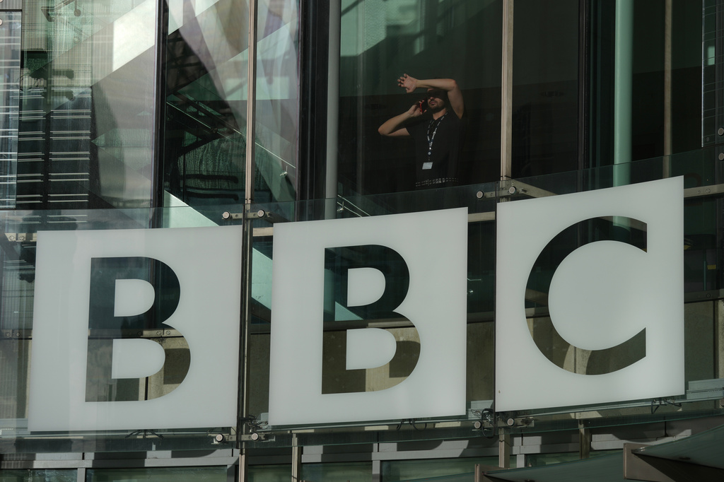 FILE - The BBC logo is displayed at its headquarters in London, Nov. 12, 2025. (AP Photo/Kin Cheung, File)