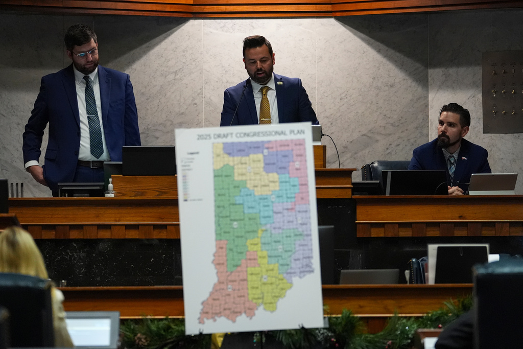 Indiana Lt. Gov. Micah Beckwith announces the results of a vote to redistrict the state's congressional map, Thursday, Dec. 11, 2025, at the Statehouse in Indianapolis. (AP Photo/Michael Conroy)
