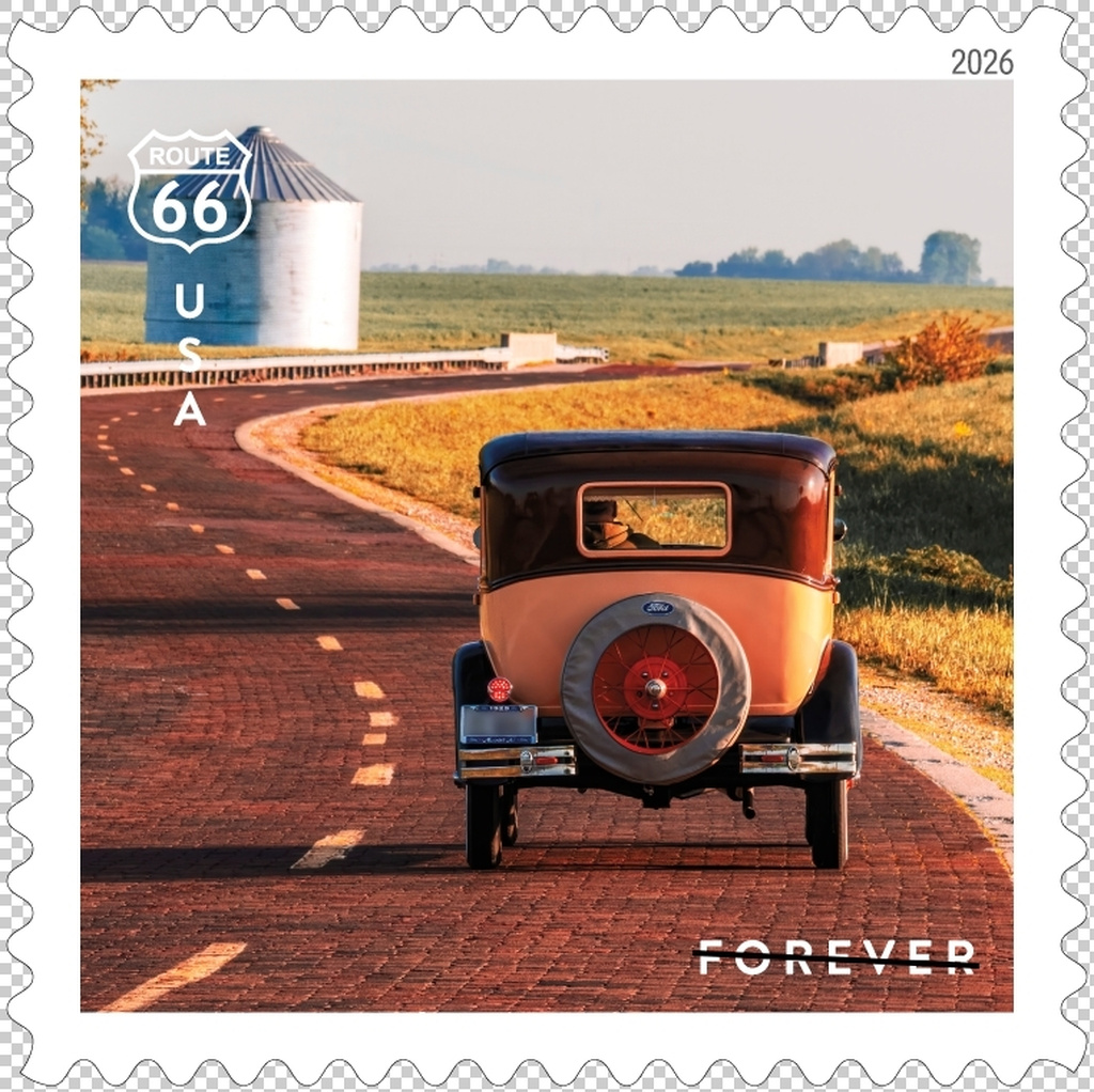This image provided by the U.S. Postal Service shows a stamp being released in May 2026 that features a stretch of Route 66 near Auburn, Ill., as part of a series of stamps marking the historic road's centennial. (U.S. Postal Service via AP)