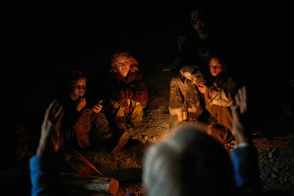 Bill Jones, a First Nations Pacheedaht elder, speaks to land defenders during a logging blockade near Port Renfrew, British Columbia, Wednesday, May 27, 2026. (AP Photo/Annika Hammerschlag)