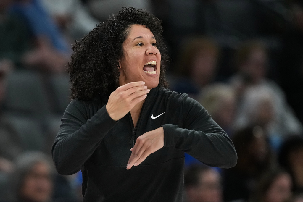 FILE - Duke head coach Kara Lawson reacts to a play during the first half of an NCAA college basketball game against UCLA in the Players Era tournament in Las Vegas, Nov. 27, 2025. (AP Photo/Eric Gay, File)