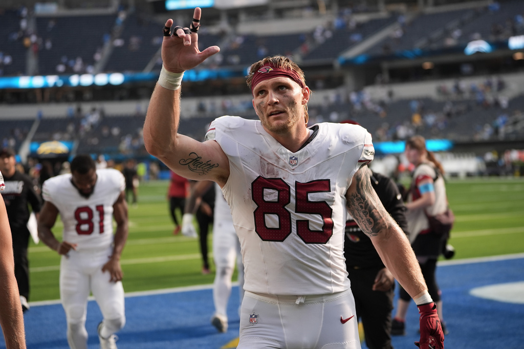 Arizona Cardinals tight end Trey McBride (85) celebrates after an NFL football game against the Los Angeles Chargers, Sunday, Sept. 13, 2026, in Inglewood, Calif. (AP Photo/Gregory Bull)