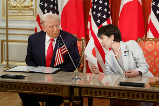 U.S. President Donald Trump, left, and Japan's Prime Minister Sanae Takaichi attend a signing ceremony at Akasaka Palace state guest house in Tokyo Tuesday, Oct. 28, 2025. (Kiyoshi Ota/Pool Photo via AP) U.S. President Donald Trump, left, and Japan's Prime Minister Sanae Takaichi attend a signing ceremony at Akasaka Palace state guest house in Tokyo Tuesday, Oct. 28, 2025. (Kiyoshi Ota/Pool Photo via AP)