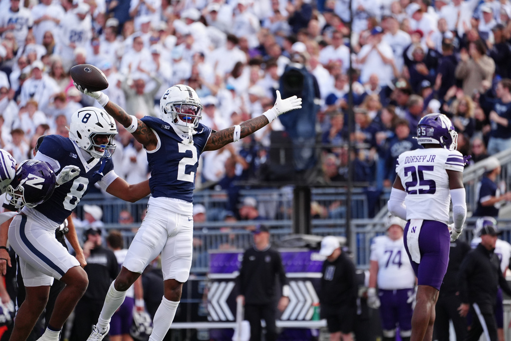 Penn State's cornerback Audavion Collins (2) celebrates after recovering a muffed punt during the second quarter of an NCAA college football game against Northwestern, Saturday, Oct. 11, 2025, in State College, Pa. (AP Photo/Caleb Craig)