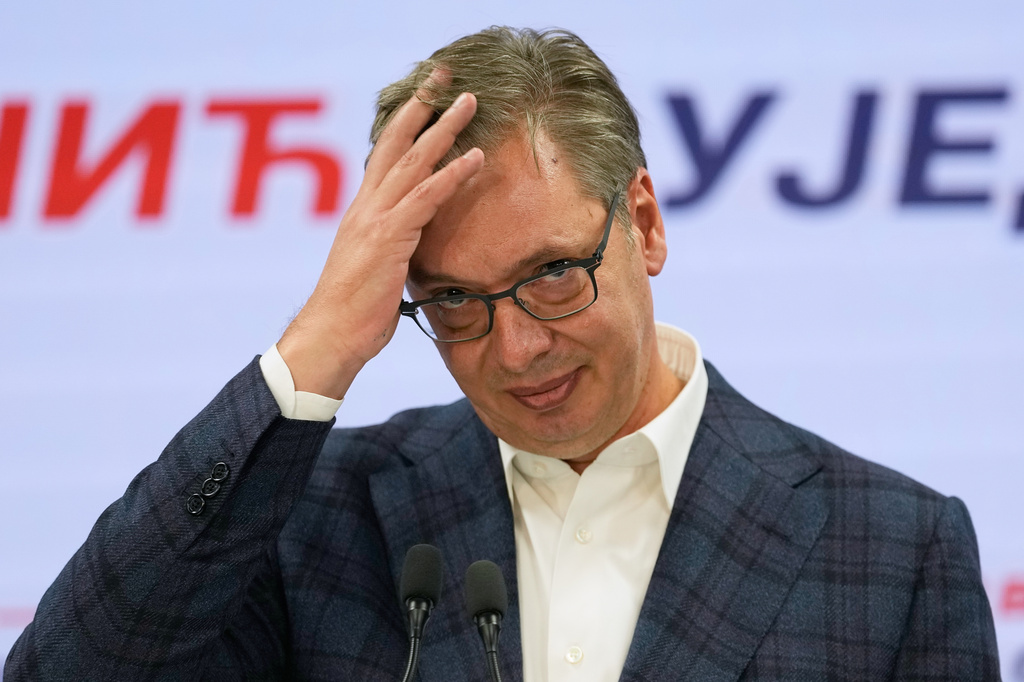 Aleksandar Vucic, leader of the right-wing Serbian Progressive Party (SNS) speaks at the party headquarters, after conceding defeat in the parliamentary election in Belgrade, Serbia, Sunday, Oct. 25, 2026. (AP Photo/Darko Vojinovic)