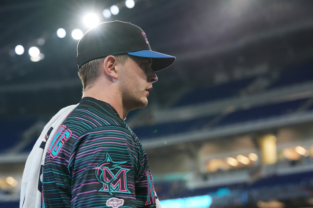 Miami Marlins starting pitcher Robby Snelling walks to the dugout before a baseball game against the Washington Nationals, Friday, May 8, 2026, in Miami. (AP Photo/Lynne Sladky)