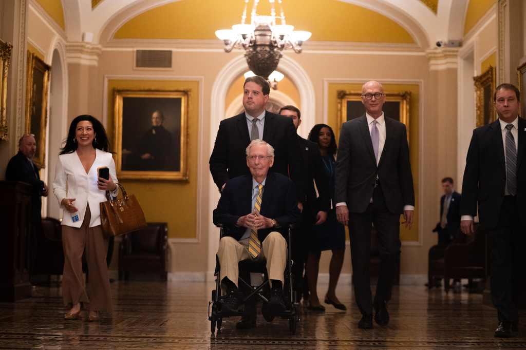 Sen. Mitch McConnell, R-Ky., arrives at the U.S. Capitol, Monday, Sept. 14, 2026, in Washington. (AP Photo/Allison Robbert)
