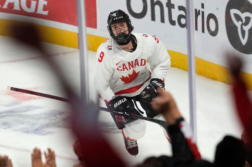 FILE - Canada forward Gavin McKenna celebrates his first goal during first period IIHF World Junior Hockey Championship tournament action against Finland, Dec. 26, 2024, in Ottawa. (Adrian Wyld/The Canadian Press via AP, File) FILE - Canada forward Gavin McKenna celebrates his first goal during first period IIHF World Junior Hockey Championship tournament action against Finland, Dec. 26, 2024, in Ottawa. (Adrian Wyld/The Canadian Press via AP, File)