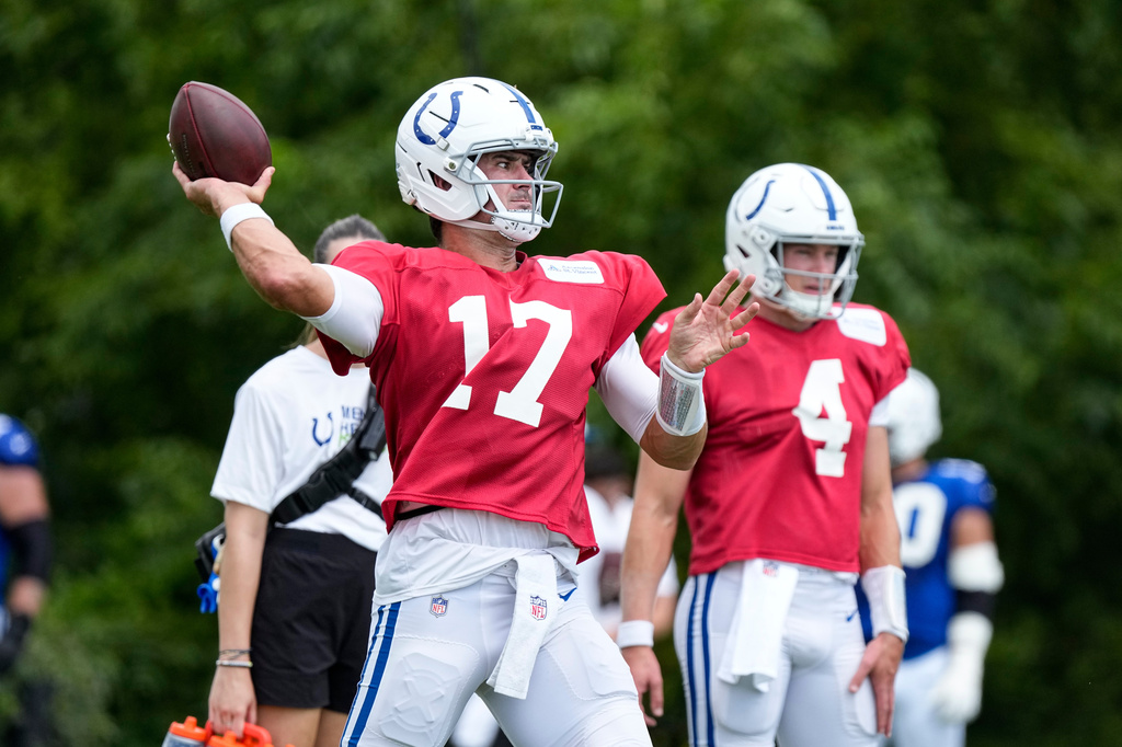 Indianapolis Colts quarterback Daniel Jones (17) throws during a joint practice with the Atlanta Falcons at the team's NFL football training camp in Westfield, Ind., Wednesday, Aug. 19, 2026. (AP Photo/Michael Conroy)