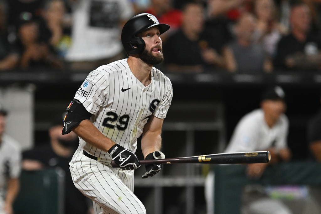 Chicago White Sox's Tristan Peters watches his two-run home during the fifth inning of a baseball game against the Texas Rangers in Chicago, Wednesday, Aug. 26, 2026. (AP Photo/Paul Beaty)