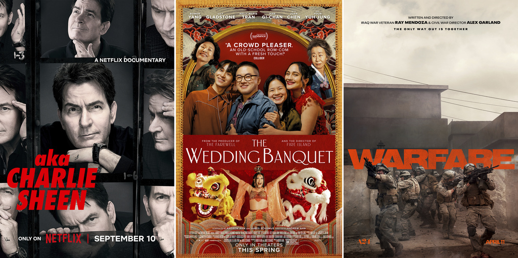 This combination of images shows promotional art for "aka Charlie Sheen," from left, "The Wedding Banquet," and "Warfare." (Netflix/Bleeker Street/HBO Max via AP)