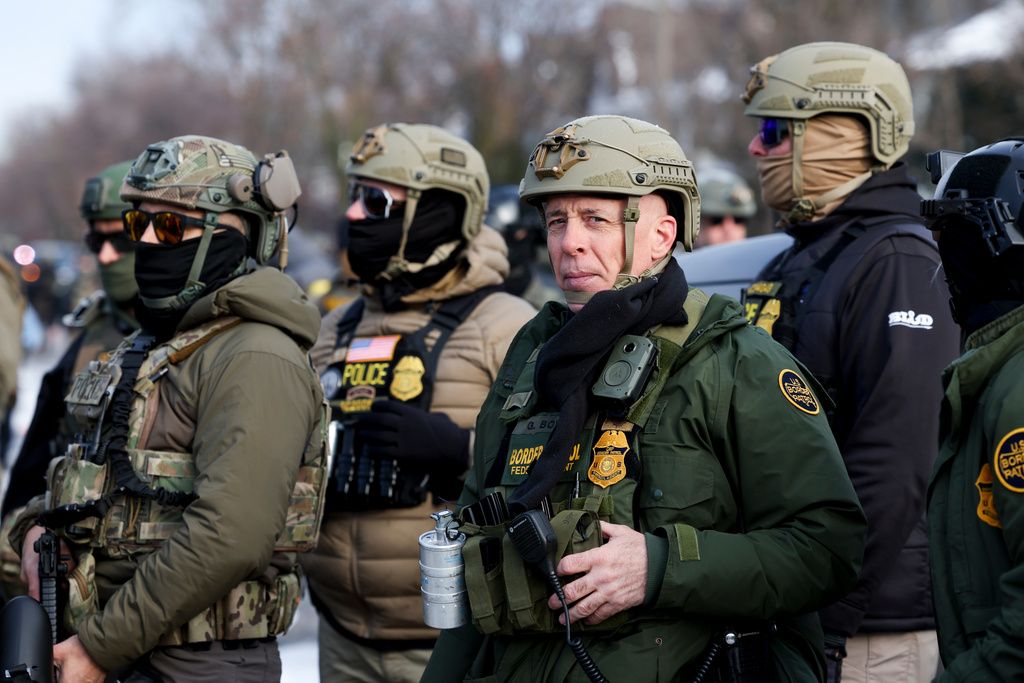 U.S. Border Patrol Cmdr. Gregory Bovino joins federal agents at the scene of a shooting in Minneapolis on Wednesday, Jan. 7, 2026. (Ellen Schmidt/MinnPost via AP)