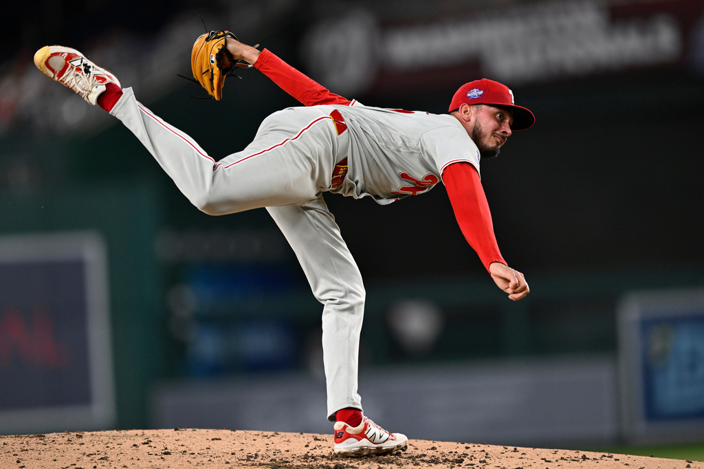 Philadelphia Phillies pitcher Alan Rangel follows through during the second inning of a baseball game against the Washington Nationals, Monday, June 22, 2026, in Washington. (AP Photo/John McDonnell)