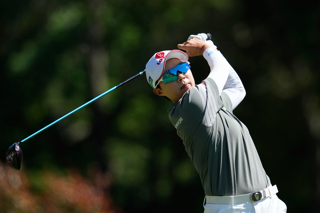 Hyo Joo Kim, of South Korea, hits from the third tee during the final round of the LPGA Fortinet Founders Cup golf tournament, Sunday, March 22, 2026, in Menlo Park, Calif. (AP Photo/Godofredo A. Vásquez)