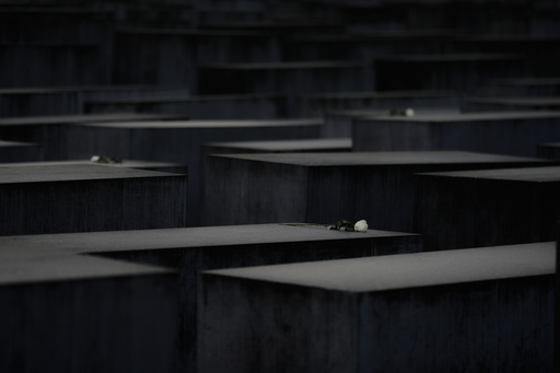 White roses lay on concrete slabs of the Holocaust Memorial in Berlin, Germany, Tuesday, Oct. 28, 2025. (AP Photo/Markus Schreiber) White roses lay on concrete slabs of the Holocaust Memorial in Berlin, Germany, Tuesday, Oct. 28, 2025. (AP Photo/Markus Schreiber)