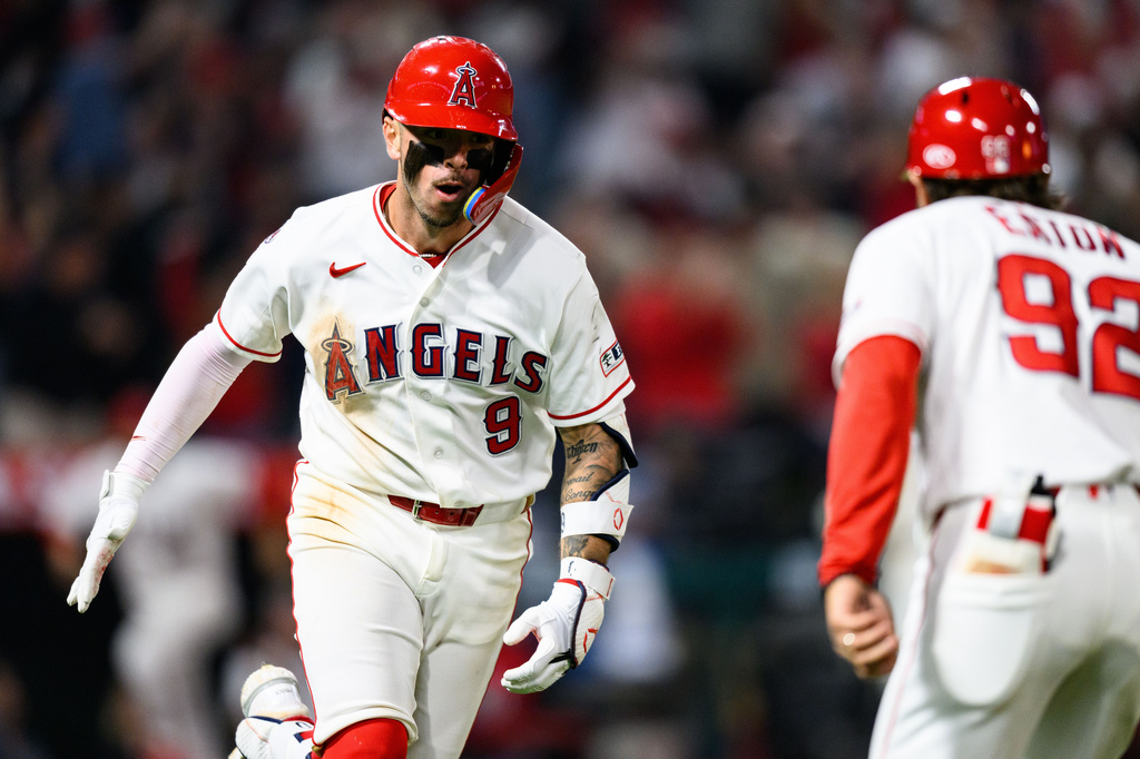 Los Angeles Angels' Zach Neto (9) reacts after hitting a walkoff home run during the ninth inning of a baseball game against the Athletics, Monday, May 18, 2026, in Anaheim, Calif. (AP Photo/William Liang)