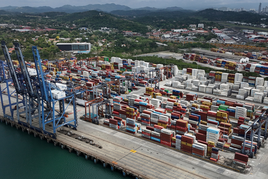Containers sit at the Balboa terminal, run by CK Hutchison's Panama Ports Co., after Panama's government ordered the occupation of the port following a Supreme Court ruling that the concession was unconstitutional, in Panama City, Monday, Feb. 23, 2026. (AP Photo/Matias Delacroix)