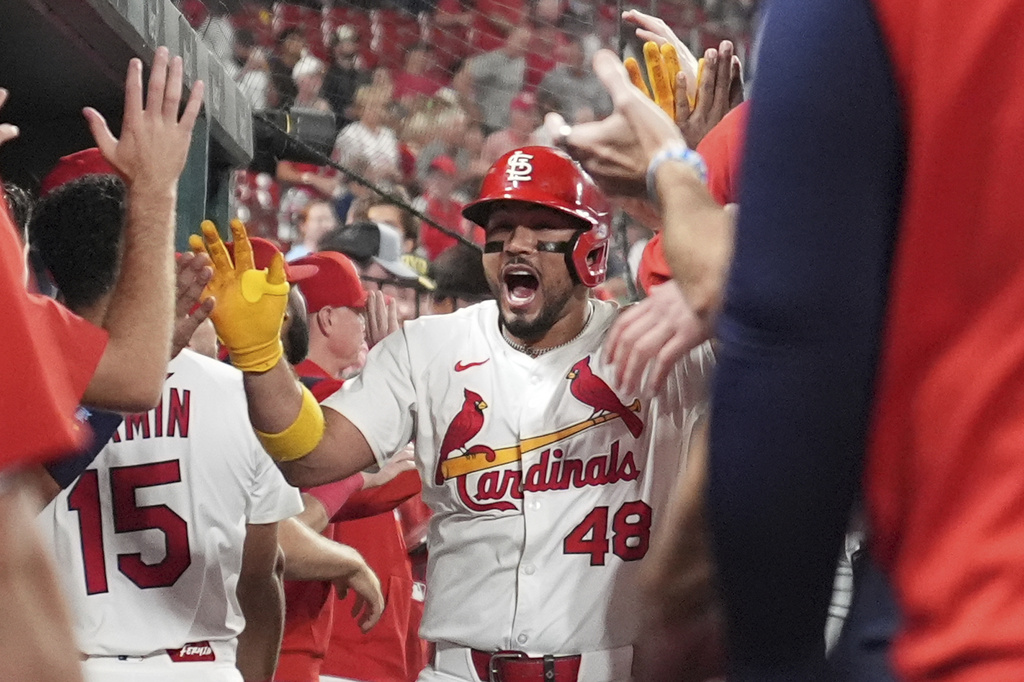 St. Louis Cardinals' Ivan Herrera is congratulated by teammates after hitting a two-run home run during the sixth inning of a baseball game against the Athletics Tuesday, Sept. 2, 2025, in St. Louis. (AP Photo/Jeff Roberson)