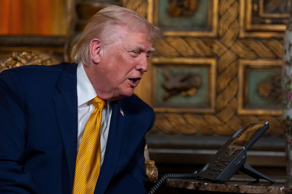 President Donald Trump speaks during a NORAD, North American Aerospace Defense Command, Tracks Santa Operation call at his Mar-a-Lago club, Wednesday, Dec. 24, 2025, in Palm Beach, Fla. (AP Photo/Alex Brandon)