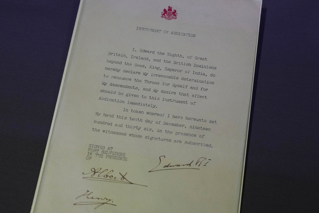 The Abdication document of Britain's King Edward VIII on display during a preview of an exhibition entitled Love Letters at the National Archives in London, Wednesday, Jan. 21, 2026, Edward abdicated on Dec. 10, 1936. (AP Photo/Alastair Grant)