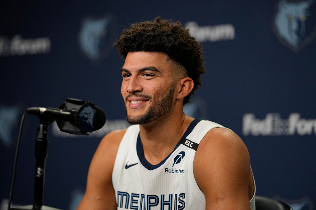 Memphis Grizzlies forward Cameron Boozer speaks during the NBA basketball team's media day Monday, Sept. 28, 2026, in Memphis, Tenn. (AP Photo/George Walker IV)