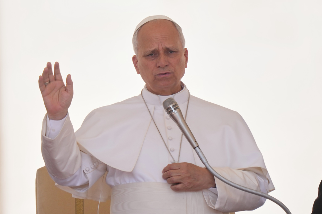 Pope Leo XIV holds his weekly general audience in St. Peter's Square, at the Vatican, Wednesday, June 17, 2026. (AP Photo/Andrew Medichini)