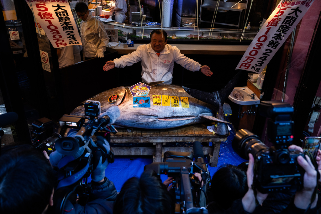 Kiyoshi Kimura, president of Kiyomura Co., poses with the bluefin tuna that won the highest bid at the annual New Year auction in Tokyo, Monday, Jan. 5, 2026. (AP Photo/Louise Delmotte)