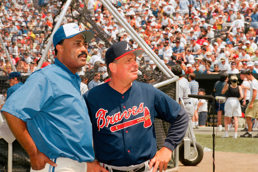 FILE - National League manager Bobby Cox, right, and American League manager Cito Gaston look over Camden Yards during All-Star workouts in Baltimore, Md., July 13, 1993. (AP Photo/Carlos Osorio, File)
