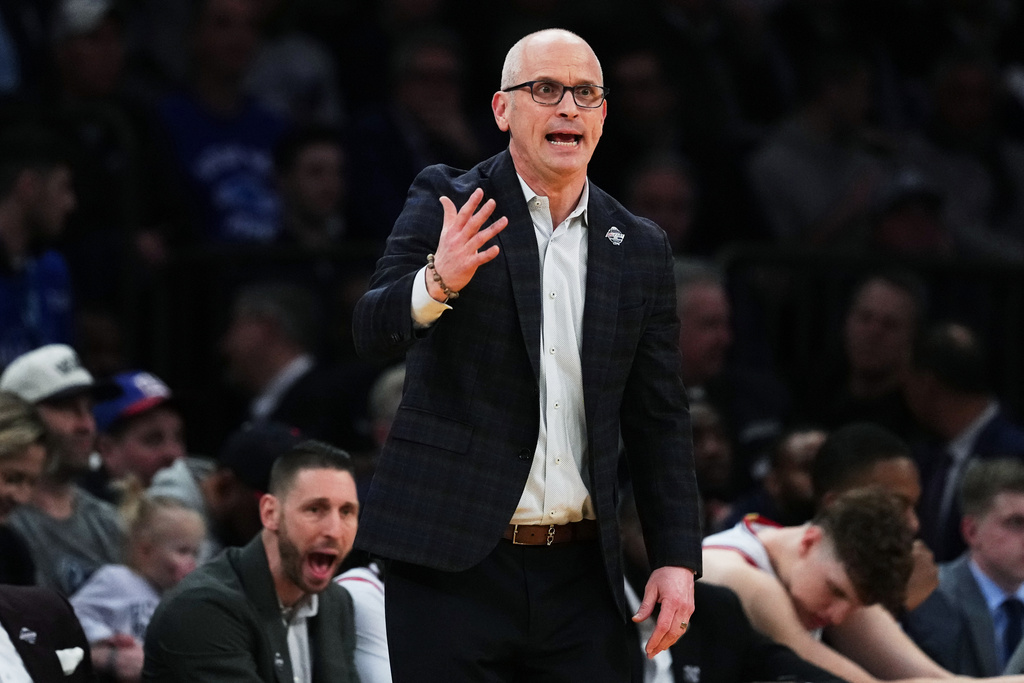 UConn head coach Dan Hurley argues for a call during first half of an NCAA college basketball game against Xavier in the quarterfinals of the Big East basketball tournament Thursday, March 12, 2026, in New York. (AP Photo/Frank Franklin II)
