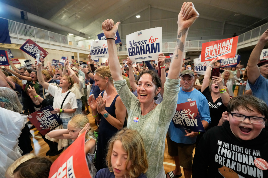 Attendees celebrate as Democratic U.S. Senate candidate Graham Platner speaks during a primary election night watch party after winning the Democratic nomination Tuesday, June 9, 2026, in Blue Hill, Maine. (AP Photo/Robert F. Bukaty)