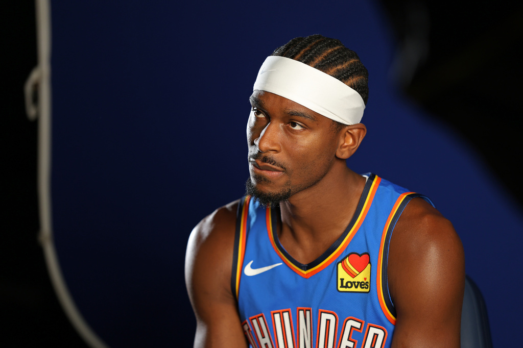 Oklahoma City Thunder's Shai Gilgeous-Alexander pauses while giving an interview during the NBA basketball team's media day Monday, Sept. 28, 2026, in Oklahoma City. (AP Photo/Nate Billings)